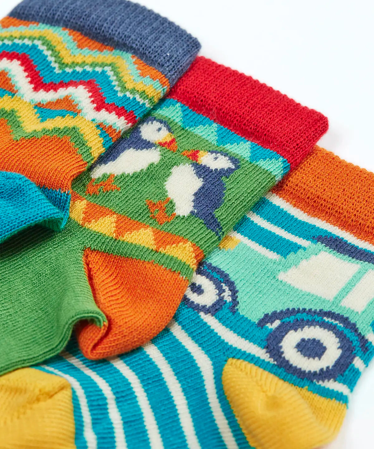Frugi GOTS 100% organic cotton little socks in farm and fairisle inspired designs showing close up of elasticated cuffs