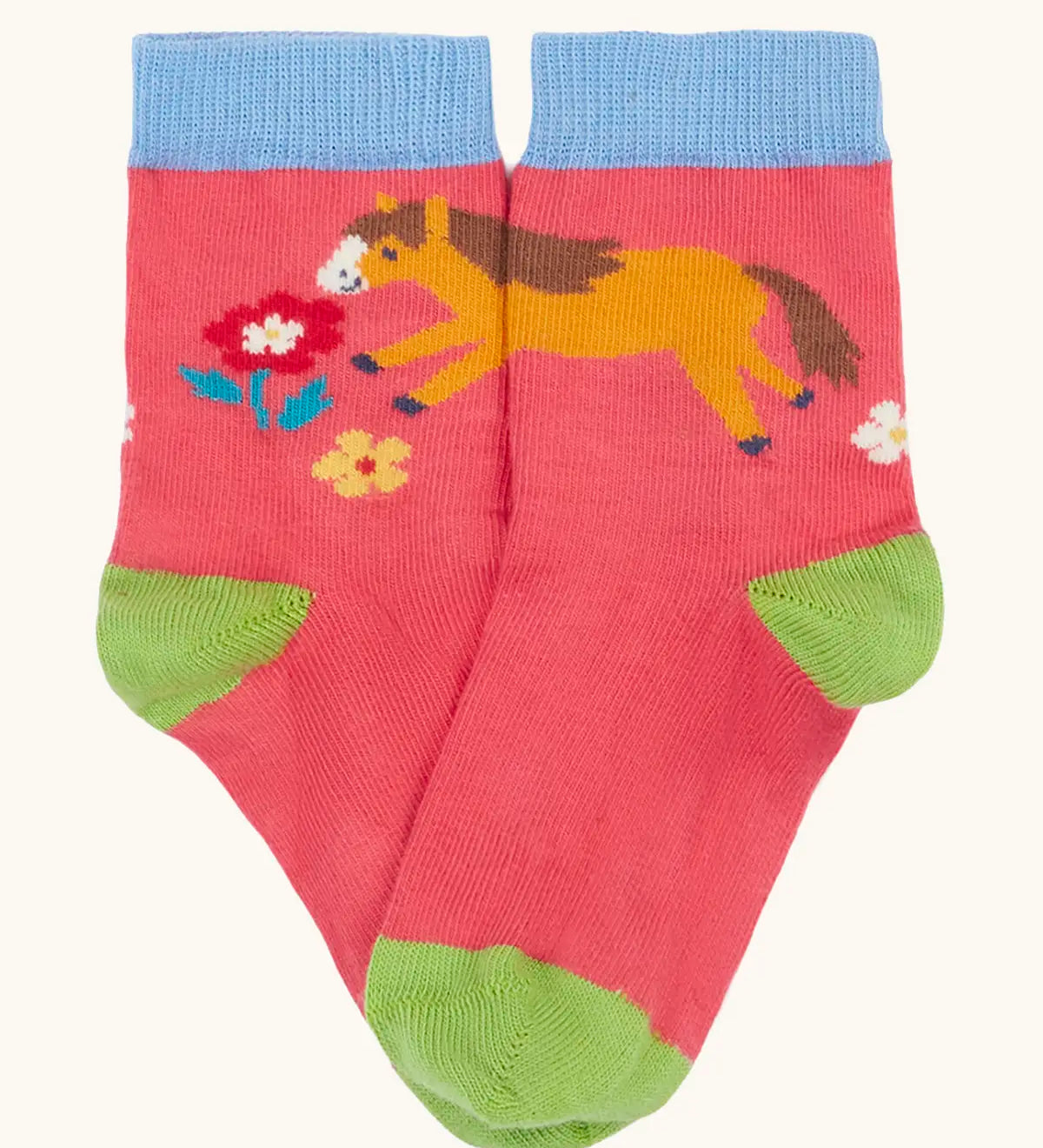 Frugi GOTS 100% organic cotton little socks in pink with a playful Shetland pony design