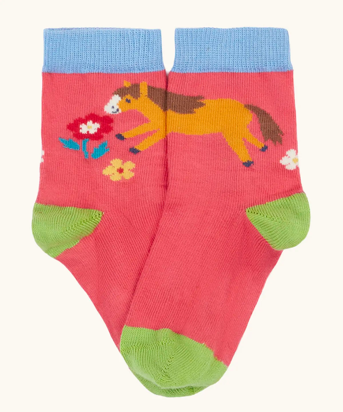 Frugi GOTS 100% organic cotton little socks in pink with a playful Shetland pony design