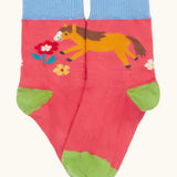Frugi GOTS 100% organic cotton little socks in pink with a playful Shetland pony design