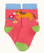 Frugi GOTS 100% organic cotton little socks in pink with a playful Shetland pony design