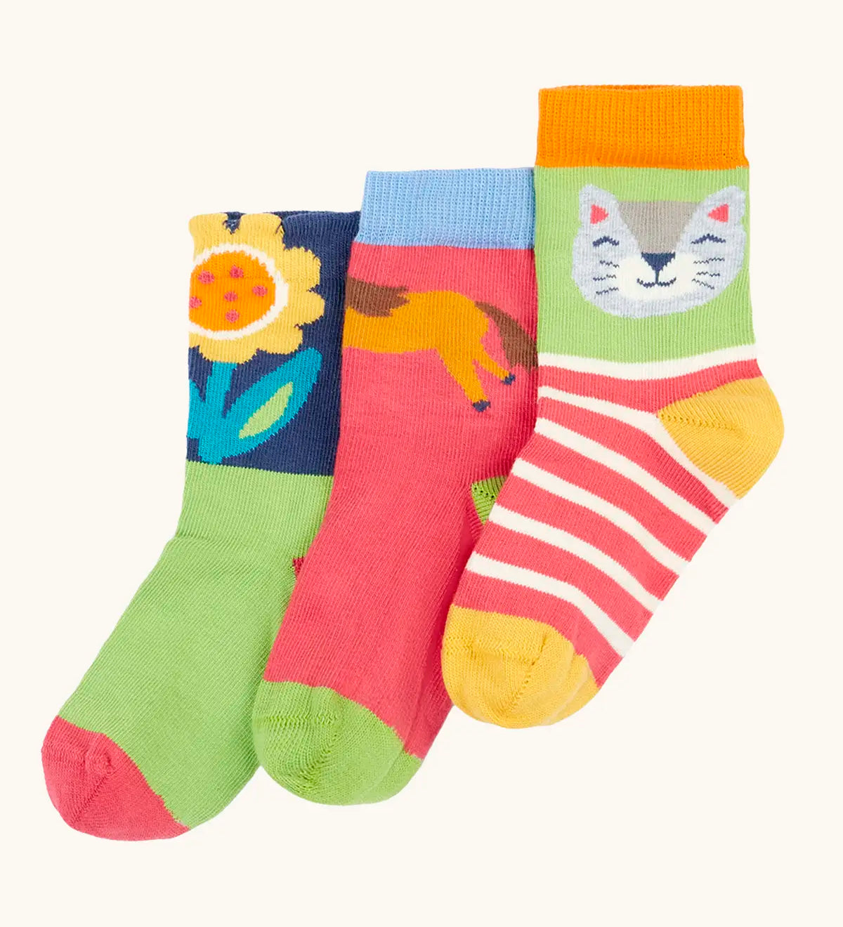 Frugi GOTS 100% organic cotton little socks 3 pack with Shetland floral and animal inspired designs in pastel colours