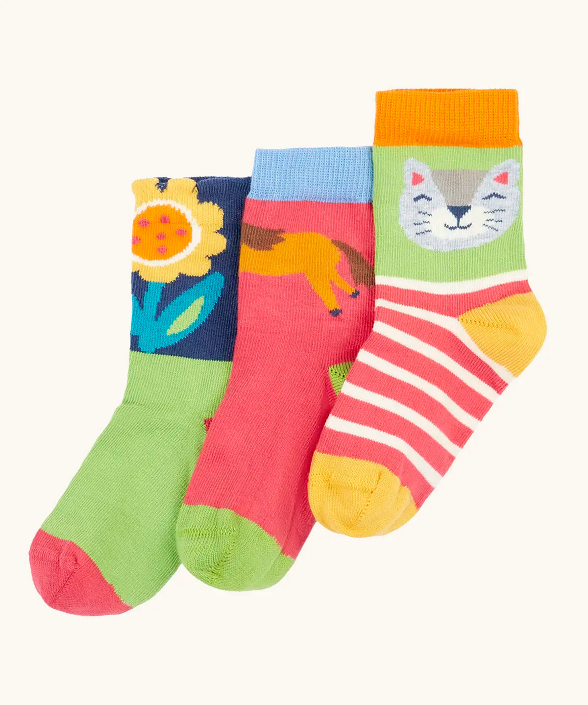 Frugi GOTS 100% organic cotton little socks 3 pack with Shetland floral and animal inspired designs in pastel colours