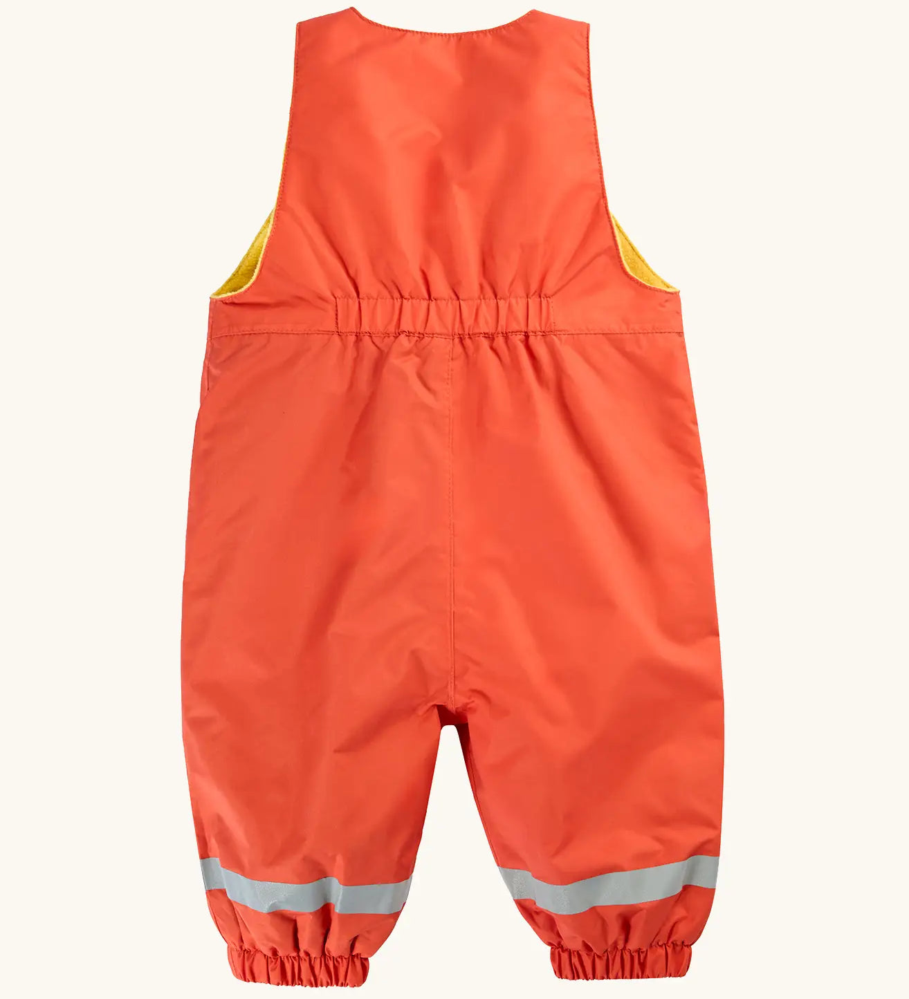 Frugi little waterproof dungarees in fire orange showing elasticated band on upper back 