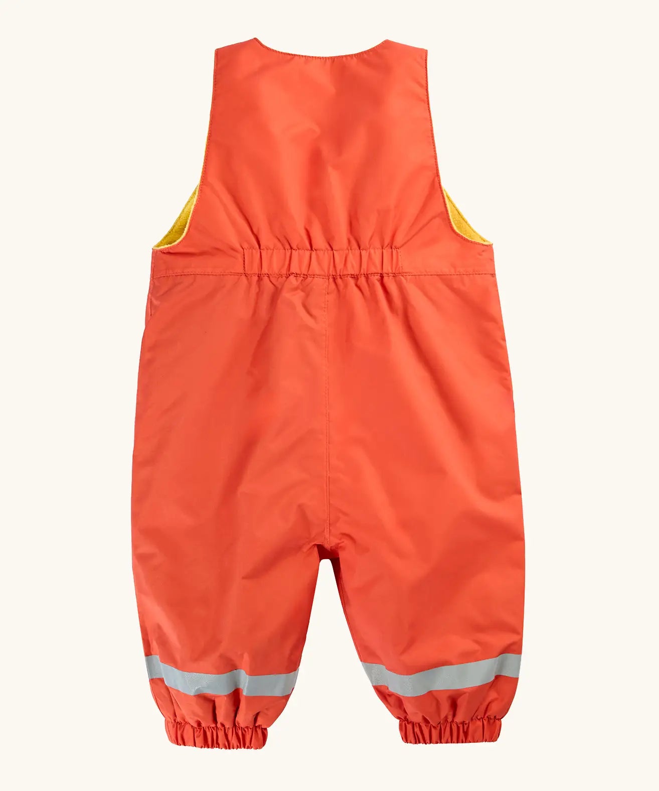 Frugi little waterproof dungarees in fire orange showing elasticated band on upper back 