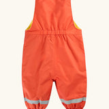 Frugi little waterproof dungarees in fire orange showing elasticated band on upper back 