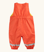 Frugi little waterproof dungarees in fire orange showing elasticated band on upper back 