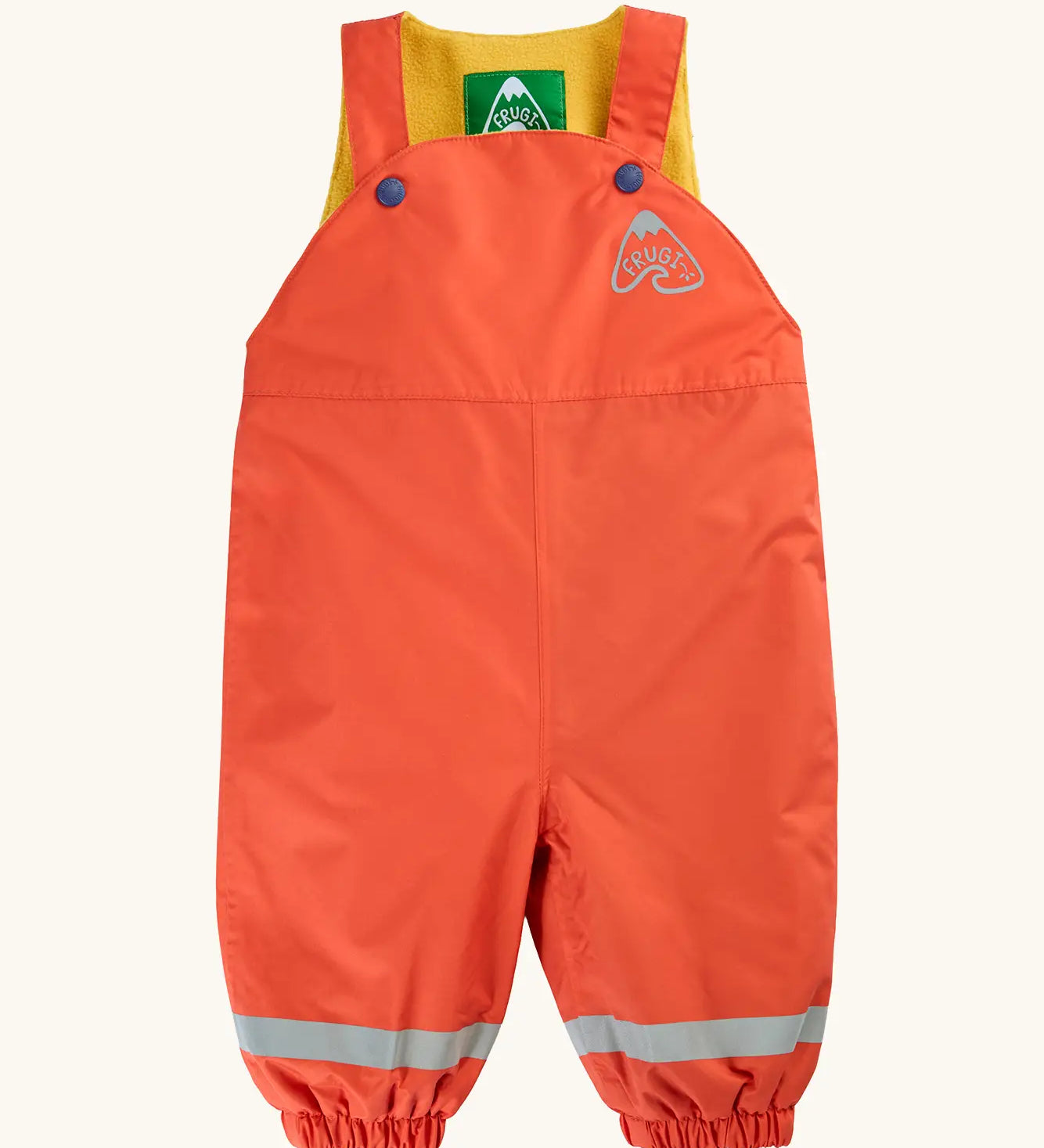 Frugi little waterproof dungarees in fire orange with yellow fleece inner. Features popper fasteners, elasticated cuffs and reflective strips on the lower legs