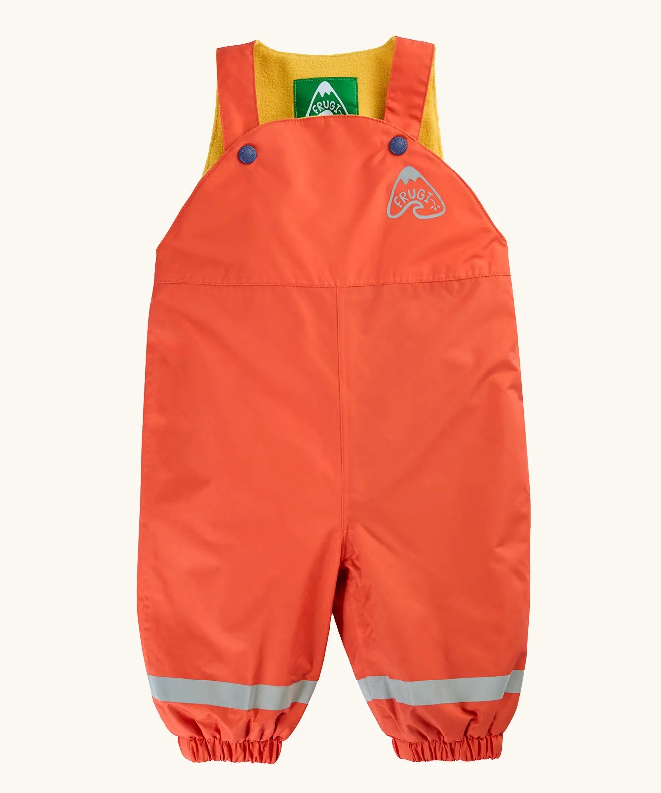 Frugi little waterproof dungarees in fire orange with yellow fleece inner. Features popper fasteners, elasticated cuffs and reflective strips on the lower legs