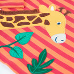 A closer look at the giraffe and leaf applique on the Frugi Bobby Applique Top - Cantaloupe Stripe/Giraffe