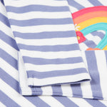 A closer look at the sleeves of the Frugi Louise Applique Top - Grape Stripe/Rainbow. The image shows soft, lilac and white striped sleeves with the rainbow applique poking out behind.