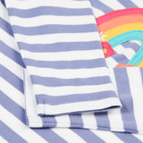 A closer look at the sleeves of the Frugi Louise Applique Top - Grape Stripe/Rainbow. The image shows soft, lilac and white striped sleeves with the rainbow applique poking out behind.