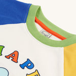A closer look at the green collar and the tops of the sleeves on the Frugi Tamar Raglan Top - Soft White/Bee Happy. The Bee and Bee Happy print can be slightly seen at the bottom of the image
