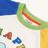 A closer look at the green collar and the tops of the sleeves on the Frugi Tamar Raglan Top - Soft White/Bee Happy. The Bee and Bee Happy print can be slightly seen at the bottom of the image