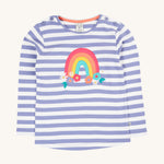 Frugi Louise Applique Top - Grape Stripe/Rainbow. A lovely lilac and white stripe, long sleeve top but button shoulders for easy on and off, and a pretty rainbow and flower applique on the chest