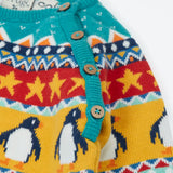 Frugi organic cotton knitted rompersuit in light blue with a winter themed fairisle design on the upper half. showing close up of the shoulder buttons for easy dressing