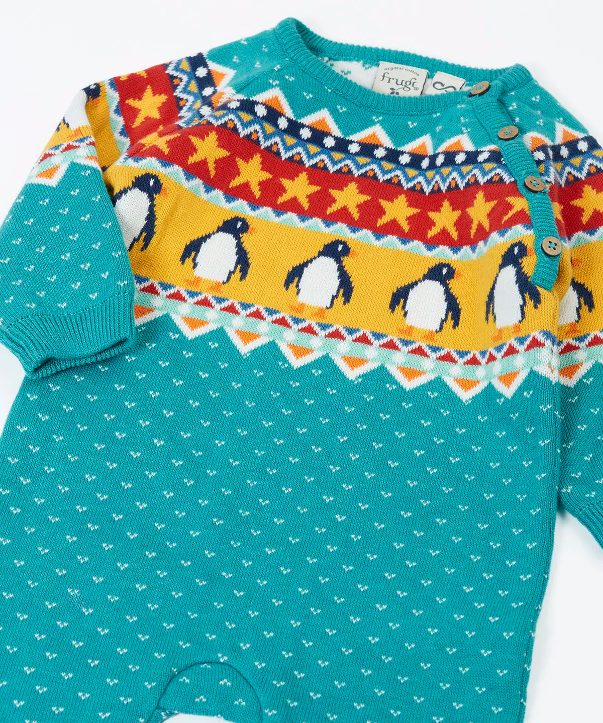 Frugi organic cotton knitted rompersuit in light blue with a winter themed fairisle design on the upper half. Features elasticated cuffs for easy dressing