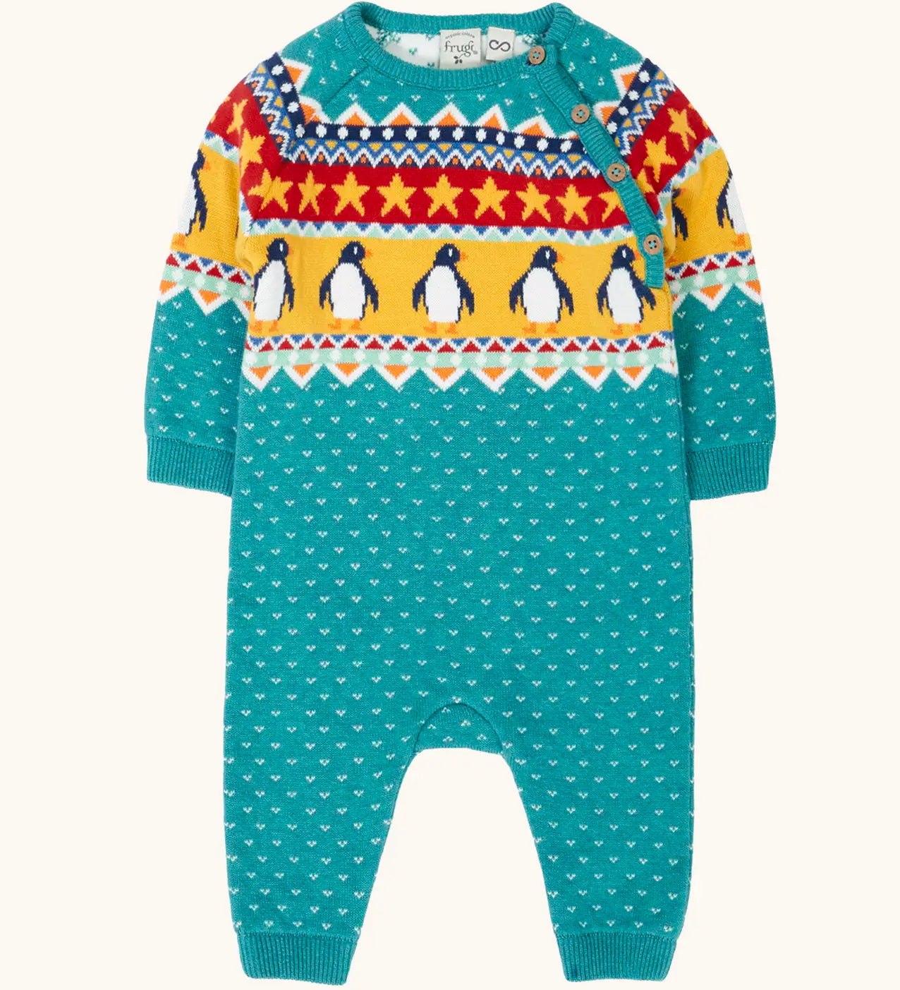 Frugi GOTS 100% organic cotton knitted rompersuit in light blue with a winter themed fairisle design on the upper half. Features elasticated cuffs and shoulder buttons for easy dressing