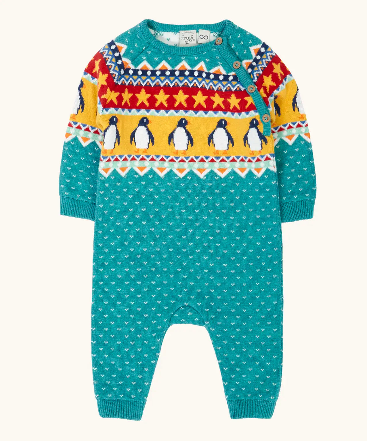 Frugi GOTS 100% organic cotton knitted rompersuit in light blue with a winter themed fairisle design on the upper half. Features elasticated cuffs and shoulder buttons for easy dressing