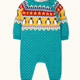 Frugi GOTS 100% organic cotton knitted rompersuit in light blue with a winter themed fairisle design on the upper half. Features elasticated cuffs and shoulder buttons for easy dressing