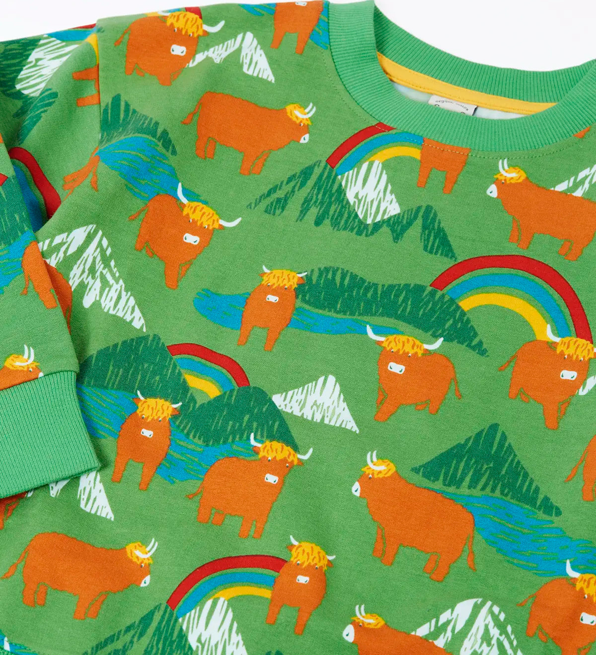 Frugi GOTS organic cotton kids-sweatshirt in green with a repeating highland cow and mountain print with a ribbed neck line
