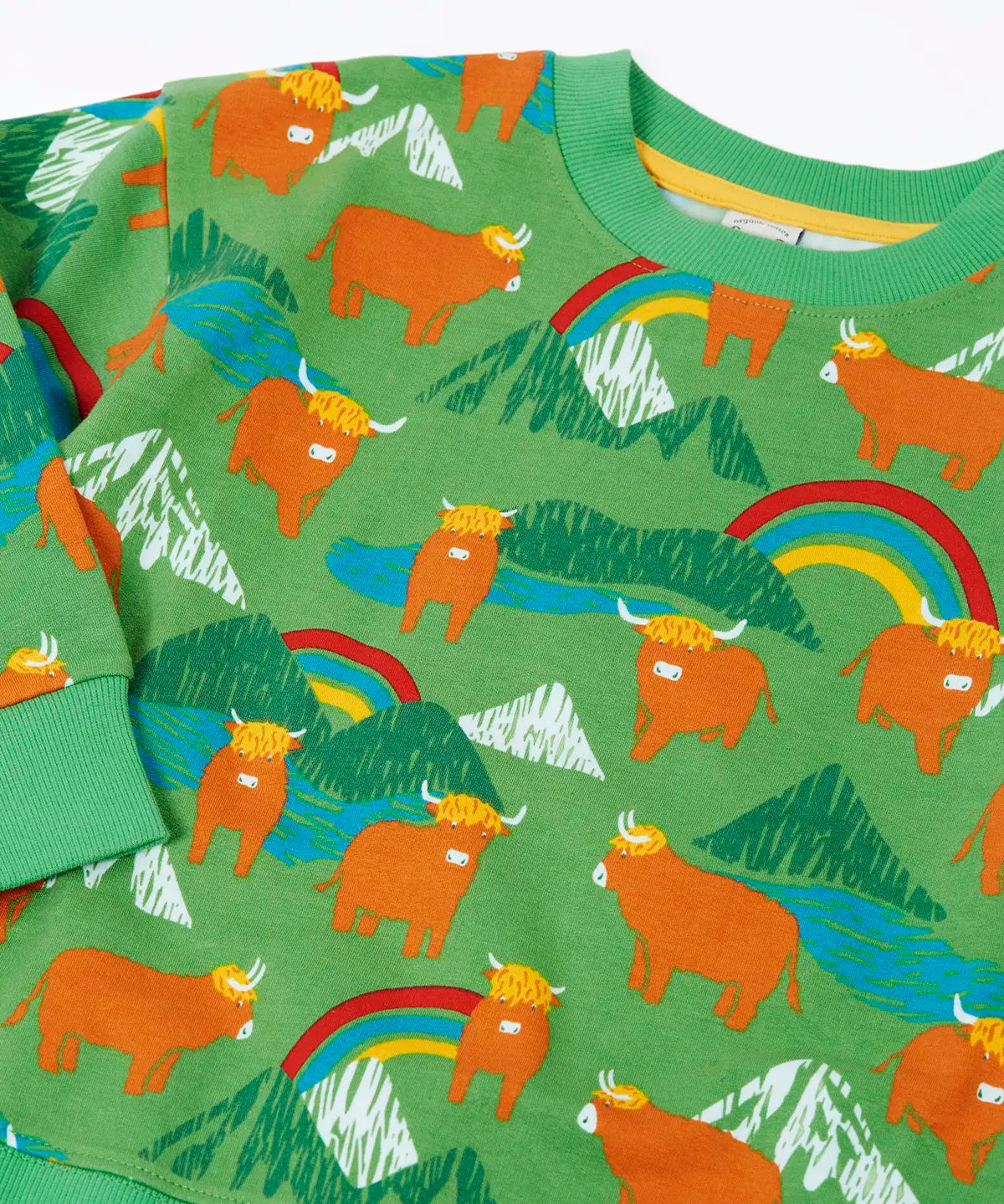 Frugi GOTS organic cotton kids-sweatshirt in green with a repeating highland cow and mountain print with a ribbed neck line