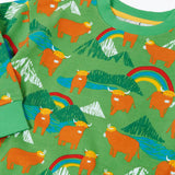 Frugi GOTS organic cotton kids-sweatshirt in green with a repeating highland cow and mountain print with a ribbed neck line