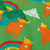 Frugi Mawnan kids sweatshirt showing a close up of the highland cow and mountain peak prints on green organic cotton fabric