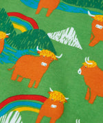 Frugi Mawnan kids sweatshirt showing a close up of the highland cow and mountain peak prints on green organic cotton fabric