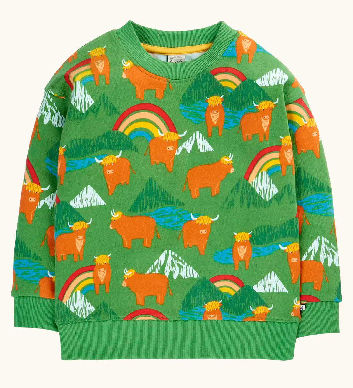 Frugi GOTS organic cotton sweatshirt in green with a repeating highland cow and mountain print with a soft elasticated neck, cuff and hem