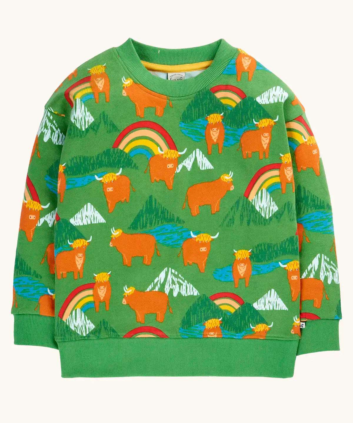 Frugi GOTS organic cotton sweatshirt in green with a repeating highland cow and mountain print with a soft elasticated neck, cuff and hem