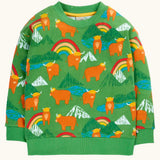 Frugi GOTS organic cotton sweatshirt in green with a repeating highland cow and mountain print with a soft elasticated neck, cuff and hem
