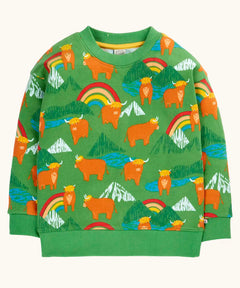 Frugi GOTS organic cotton sweatshirt in green with a repeating highland cow and mountain print with a soft elasticated neck, cuff and hem