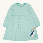 Frugi Dolcie Dress - Moss Stripe/Puffin Rainbow. A beautiful moss green and white stripe long sleeve dress, with a Frugi puffin applique on the bottom of the dress skirt