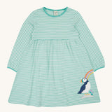Frugi Dolcie Dress - Moss Stripe/Puffin Rainbow. A beautiful moss green and white stripe long sleeve dress, with a Frugi puffin applique on the bottom of the dress skirt