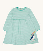 Frugi Dolcie Dress - Moss Stripe/Puffin Rainbow. A beautiful moss green and white stripe long sleeve dress, with a Frugi puffin applique on the bottom of the dress skirt