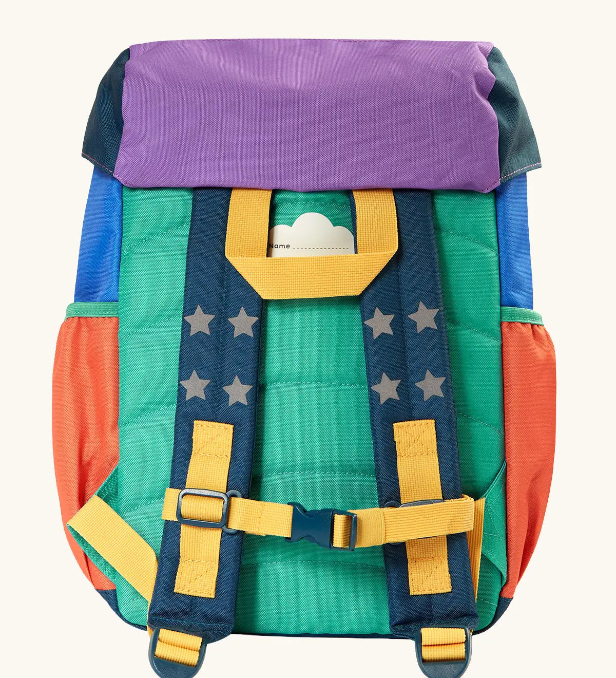 Back of Frugi navigator hotchpotch snow scene backpack showing a name tag, padded shoulder straps with a buckle fastener and a yellow carry handle
