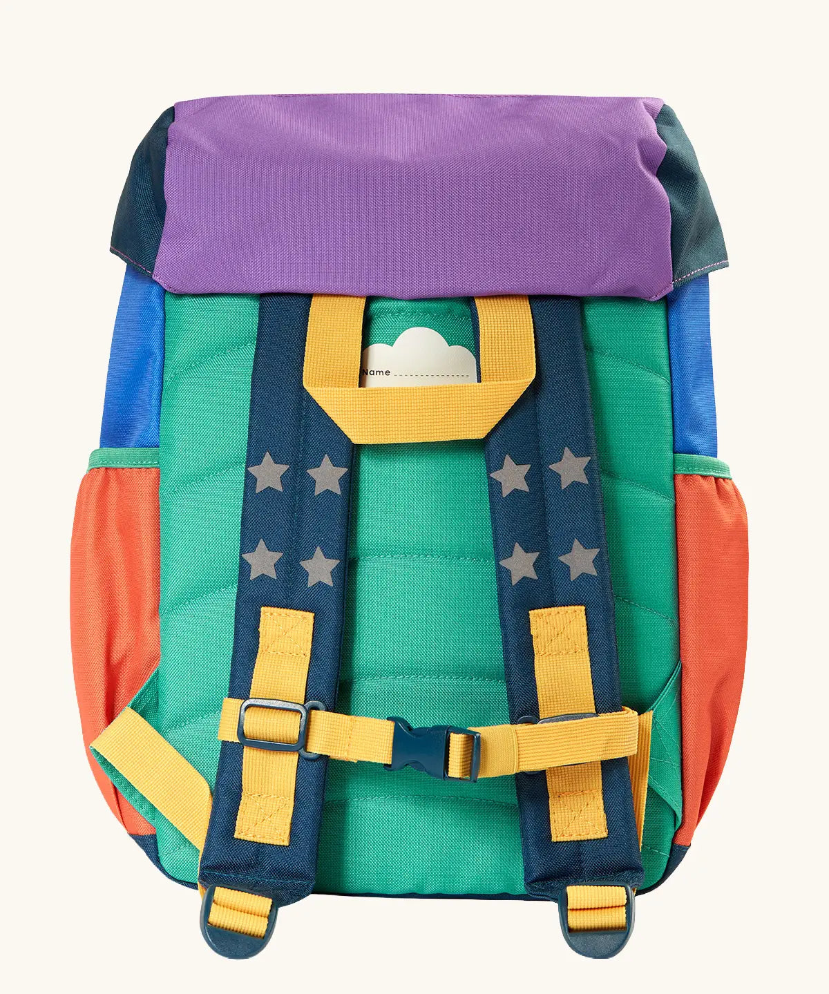 Back of Frugi navigator hotchpotch snow scene backpack showing a name tag, padded shoulder straps with a buckle fastener and a yellow carry handle