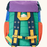 Back of Frugi navigator hotchpotch snow scene backpack showing a name tag, padded shoulder straps with a buckle fastener and a yellow carry handle