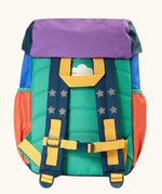 Back of Frugi navigator hotchpotch snow scene backpack showing a name tag, padded shoulder straps with a buckle fastener and a yellow carry handle