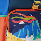 Frugi navigator hotchpotch snow scene backpack showing the front compartment with a winter scene design