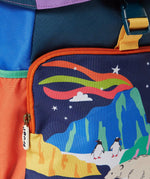 Frugi navigator hotchpotch snow scene backpack showing the front compartment with a winter scene design