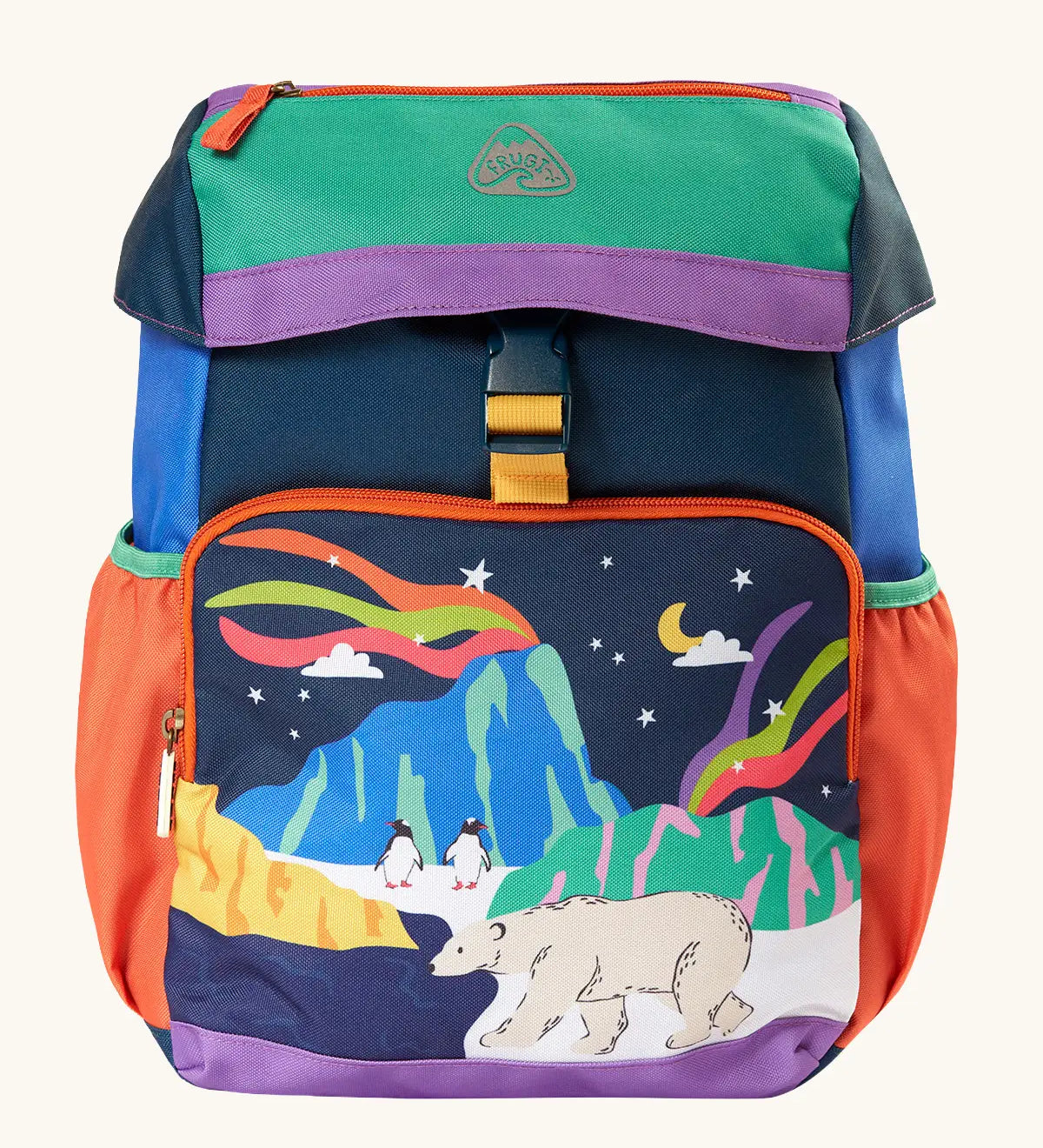 Frugi navigator hotchpotch backpack with a winter scene on the front compartment. Features a flip lid with zip pocket, buckle fastener and side pockets