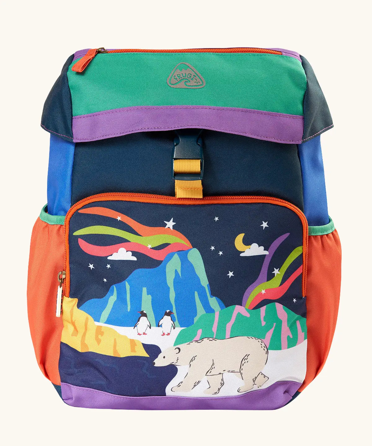Frugi navigator hotchpotch backpack with a winter scene on the front compartment. Features a flip lid with zip pocket, buckle fastener and side pockets