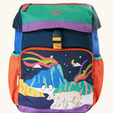 Frugi navigator hotchpotch backpack with a winter scene on the front compartment. Features a flip lid with zip pocket, buckle fastener and side pockets