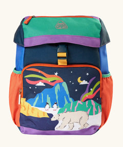 Frugi navigator hotchpotch backpack with a winter scene on the front compartment. Features a flip lid with zip pocket, buckle fastener and side pockets