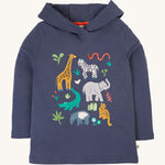 Frugi Campfire Hooded Top - Navy Blue/Go Wild Animals, in Navy blue with fun animal appliques on the front