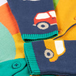 A closer look at the sleeves and print of the Frugi Reva Applique Cardigan - Navy Blue/Sunrise