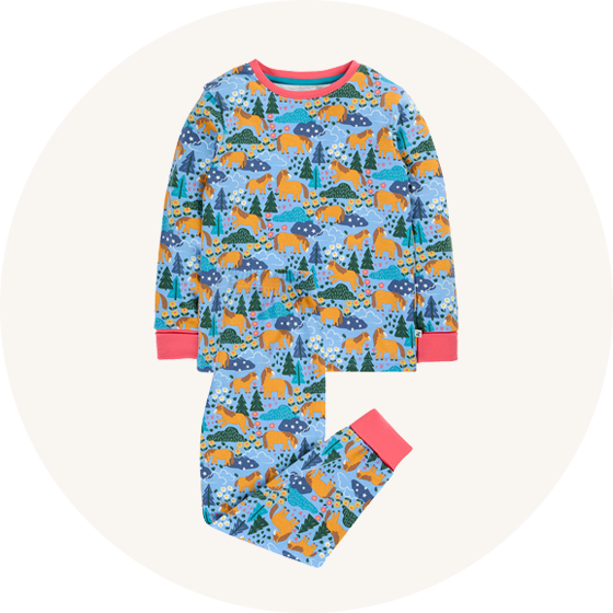 Frugi Organic Cotton Sundown Pyjamas in blue with Wild Shetland print and pink cuffs to represent Frugi nightwear at Babipur.