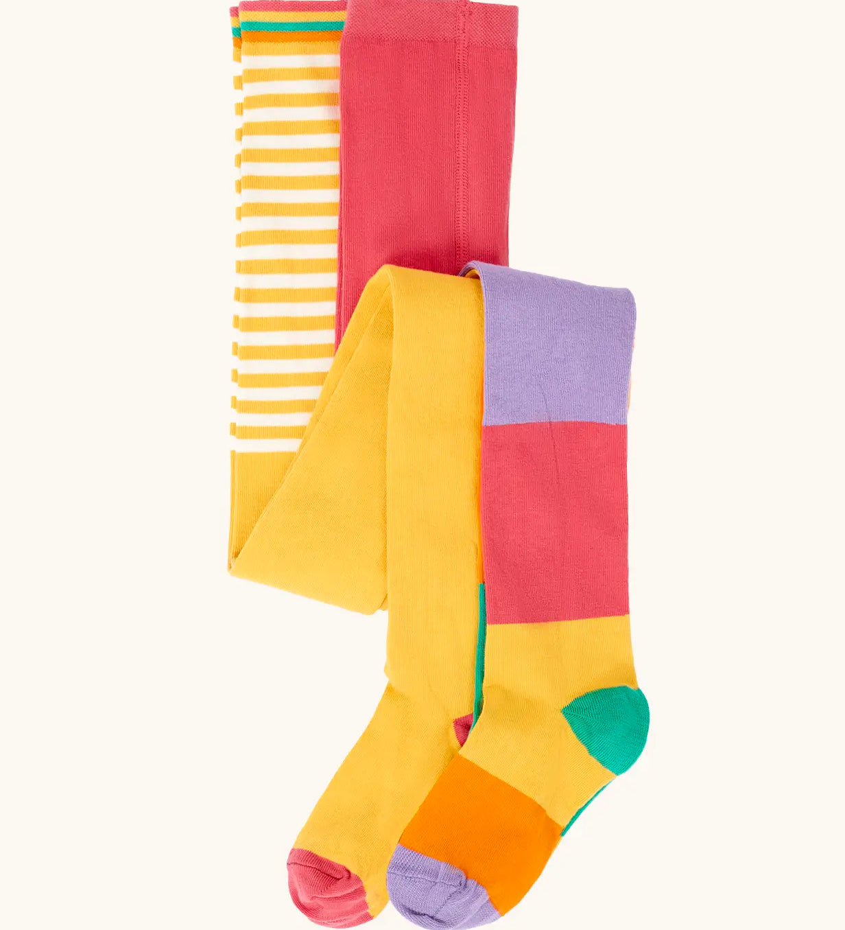 Frugi GOTS 100% organic cotton 2 pack tights in yellow with white stripes and pastel rainbow striped designs
